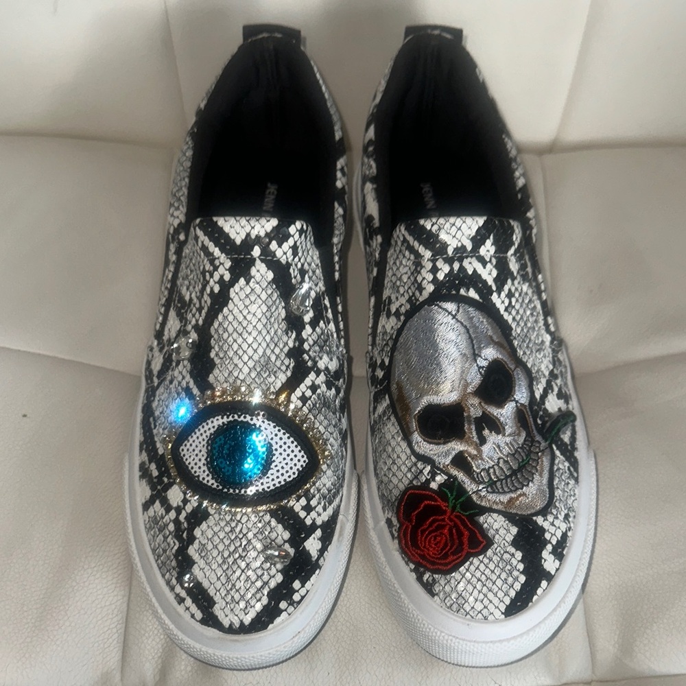 CUSTOM 🧿 Snake Print  Slip-On Shoes with Skull and evil Eye Design